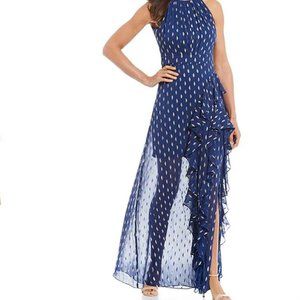 Betsy & Adam, Size 12, Metallic Front Ruffle Slit Halter Neck Sleeveless Gown